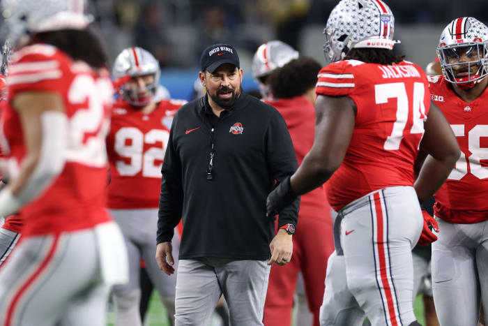 Dec 29, 2023; Arlington, TX, USA; Ohio State Buckeyes head coach Ryan Day walks on the field before the game against the Missouri Tigers at AT&T Stadium.